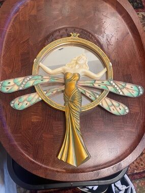Art Nouveau Dragonfly Wall Mirror in Gold and Teal Accent